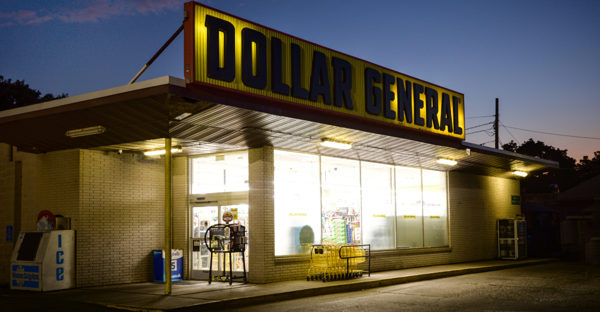 A dollar general store lit up at night
