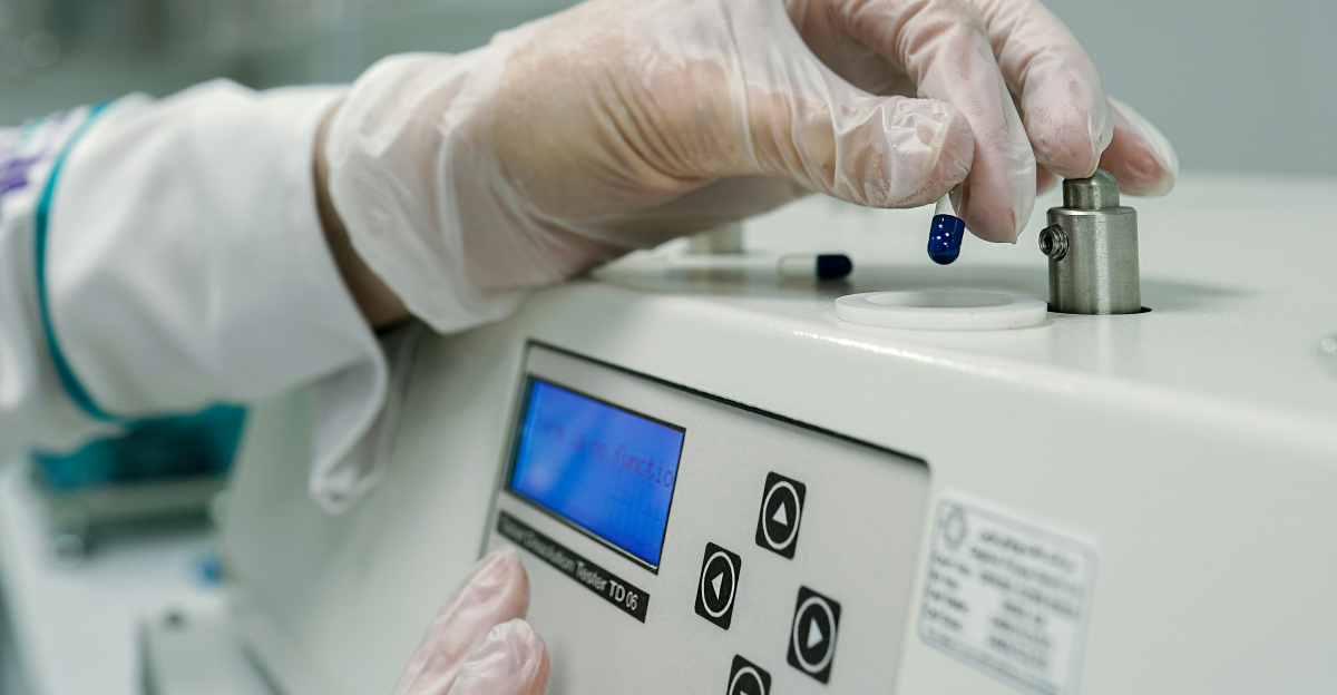 A person in a lab coat and gloves working on a machine
