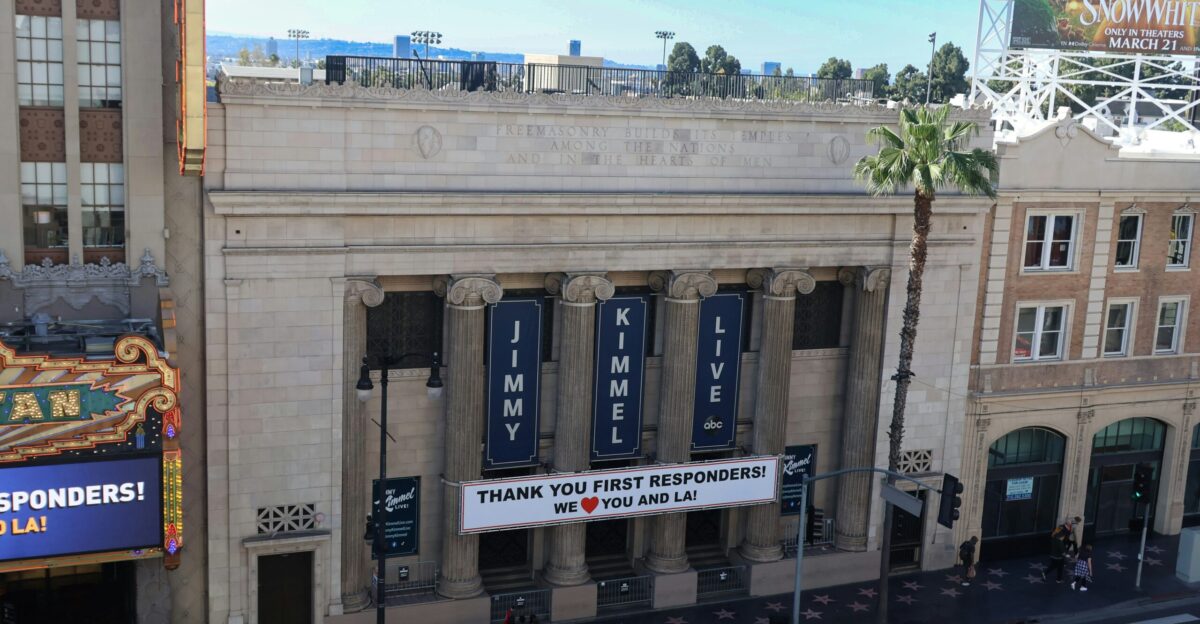 Jimmy kimmel live show s building with a banner