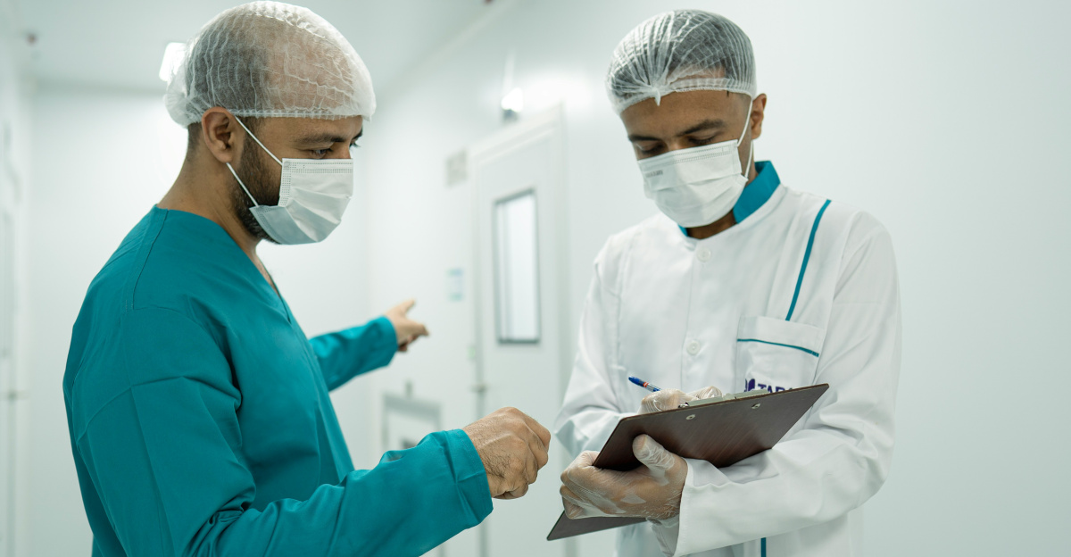 Two medical professionals are having a discussion.