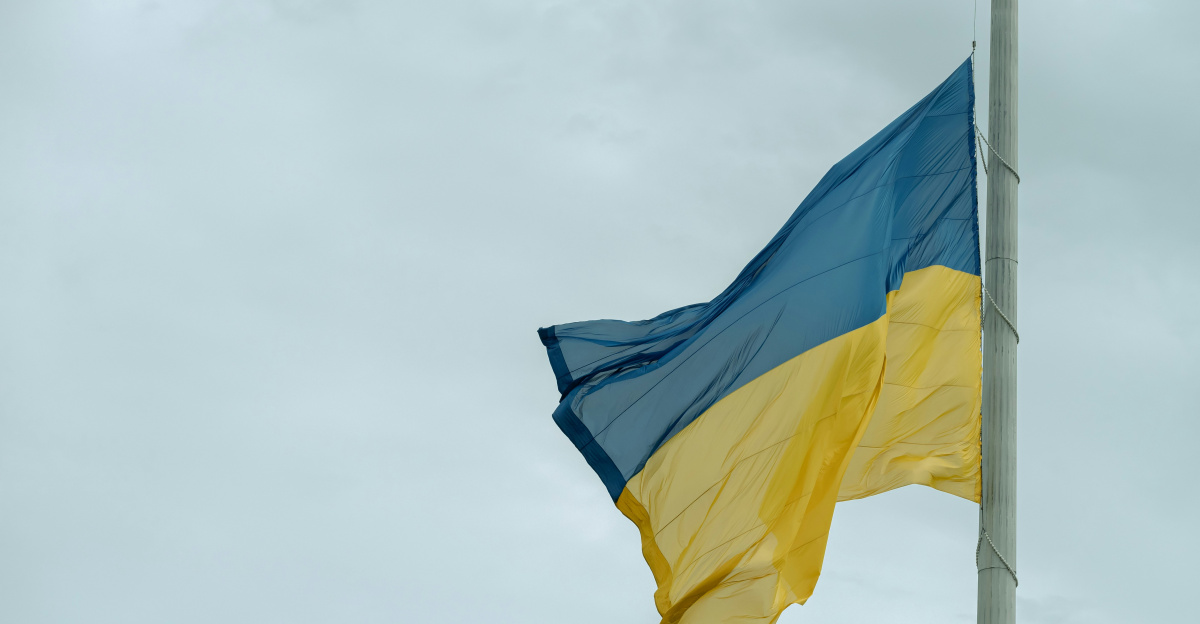 The ukrainian flag is flying at half-mast.