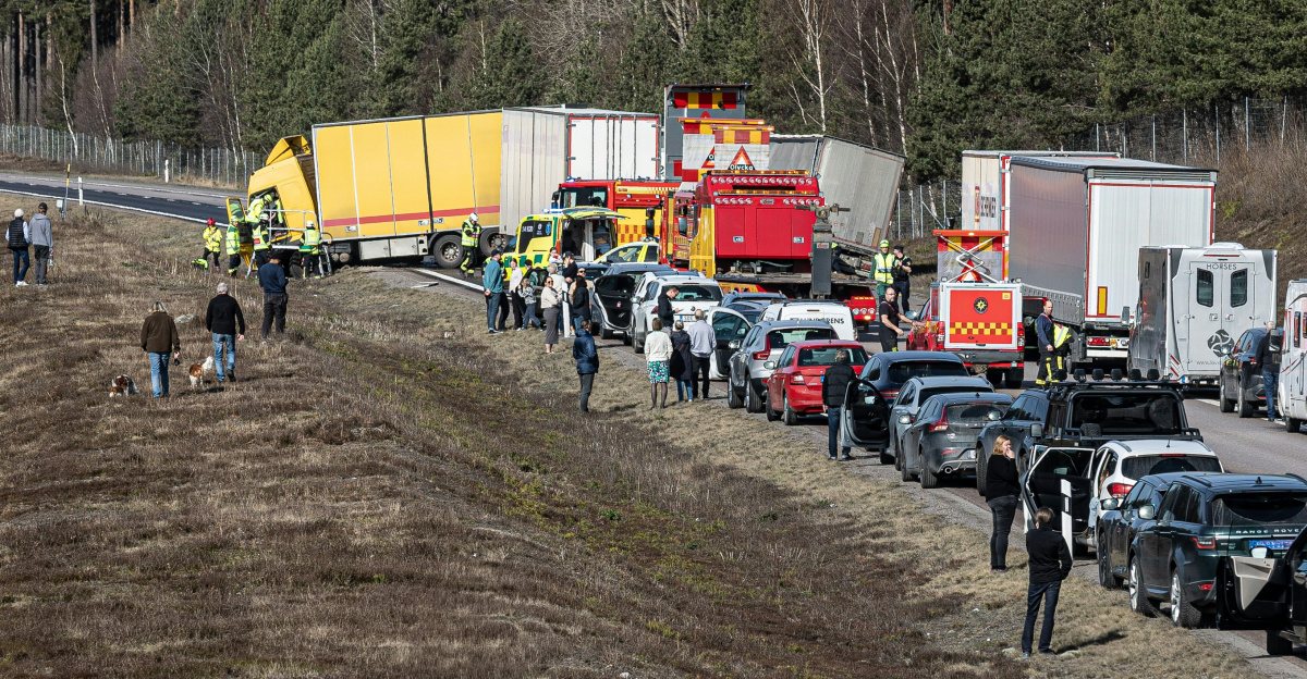 Traffic is backed up along a road.