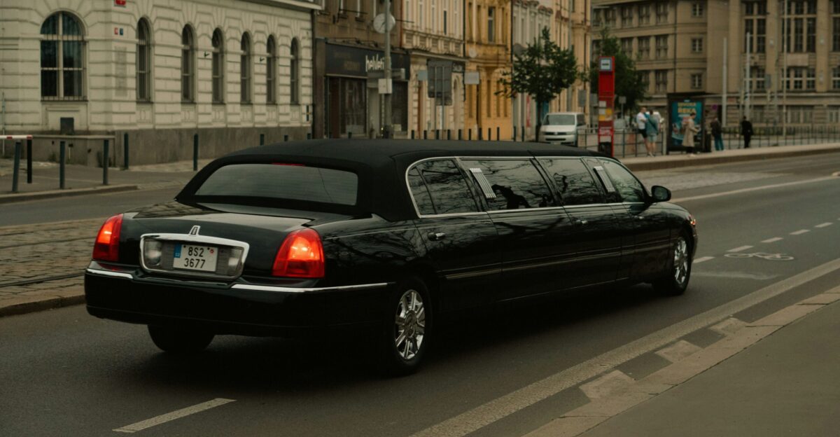A black limousine travels down a city street