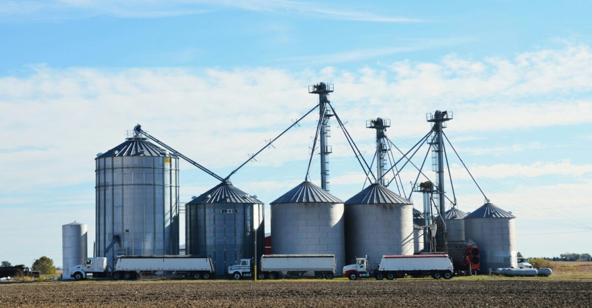 Industrial grain silos with trucks under a blue sky