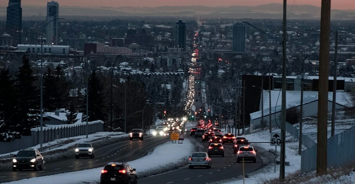 Cars driving on a snowy road at dusk
