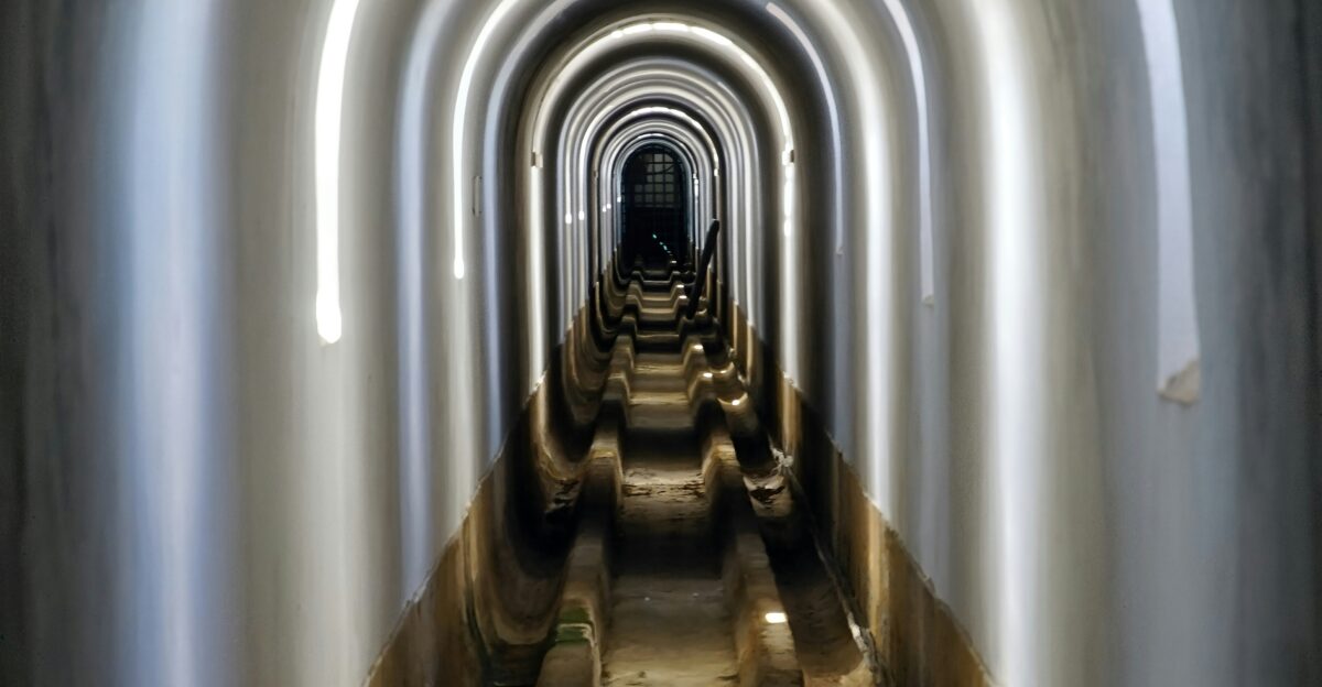 Long arched tunnel with lights and water channels