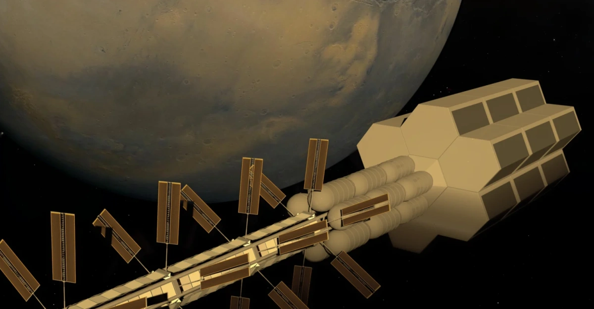 Plasma propulsion engine with a long electromagnetic shaft to accelerate the plasma propellant to high velocities out the back of the thruster. The long shaft houses a <a href="https://en.wikipedia.org/wiki/Superconducting_magnet" class="extiw" title="w:Superconducting magnet">superconducting magnet</a>, such as <a href="https://en.wikipedia.org/wiki/YBCO" class="extiw" title="w:YBCO">YBCO</a>, that can be superconducting at higher temperatures and can be <a href="https://en.wikipedia.org/wiki/Spacecraft_thermal_control" class="extiw" title="w:Spacecraft thermal control">passively cooled</a> by the low tempuratures of space, <a href="https://en.wikipedia.org/wiki/Spacecraft_thermal_control#Radiators" class="extiw" title="w:Spacecraft thermal control">radiators</a> and <a href="https://en.wikipedia.org/wiki/Space_mirror" class="extiw" title="w:Space mirror">mirrors</a> around the shaft to block the sunlight from reaching the superconducting magnet core and to help dissipate heat form the superconducting magnetic core. A slow <a href="https://en.wikipedia.org/wiki/Spacecraft_thermal_control#Active_or_passive_systems" class="extiw" title="w:Spacecraft thermal control">barbecue roll</a> of around 2<a href="https://en.wikipedia.org/wiki/Degree_(angle)" class="extiw" title="w:Degree (angle)">°</a> per minute for <a href="https://en.wikipedia.org/wiki/Spacecraft_thermal_control" class="extiw" title="w:Spacecraft thermal control">passive thermal control</a> so one side facing the sun doesn't overheat. Minimal energy would be needed from the solar panels and battery/capacitor storage even if the YBCO temperatures went marginally above its superconductive state of 92 <a href="https://en.wikipedia.org/wiki/Kelvin" class="extiw" title="w:Kelvin">Kelvin</a> (<a href="https://en.wikipedia.org/wiki/High-temperature_superconductivity#Selected_list_of_superconductors" class="extiw" title="w:High-temperature superconductivity">Critical Temperature</a>). The <a href="https://en.wikipedia.org/wiki/Pulsed_plasma_thruster" class="extiw" title="w:Pulsed plasma thruster">fusion plasma beams would pulse</a> out the back for thrust every few seconds so the superconducting electromagnets wouldn't become too hot and loose their superconductivity. The cargo containers in the front are <a href="//commons.wikimedia.org/wiki/Hexagonal" title="Hexagonal">hexagonal</a> and <a href="https://en.wikipedia.org/wiki/Modular_design" class="extiw" title="w:Modular design">modular</a> so it can be scaled up to carry even more containers. It would be <a href="https://en.wikipedia.org/wiki/Space_manufacturing" class="extiw" title="w:Space manufacturing">assembled in space</a> and stay out in space/orbit, conventional <a href="https://en.wikipedia.org/wiki/Liquid-propellant_rocket" class="extiw" title="w:Liquid-propellant rocket">liquid propellant rockets</a> would bring the cargo from the surface to the cargo transporter for the long haul <a href="https://en.wikipedia.org/wiki/Interplanetary_spaceflight" class="extiw" title="w:Interplanetary spaceflight">interplanetary</a> <a href="https://en.wikipedia.org/wiki/Manifest_(transportation)" class="extiw" title="w:Manifest (transportation)">manifests</a>. The 18 front storage tanks can hold 3,600 cubic feet or over 500 kg of <a href="https://en.wikipedia.org/wiki/Helium_3" class="extiw" title="w:Helium 3">Helium 3</a>, back storage tanks hold hydrogen for added thrust if necessary. Rendered with <a href="https://en.wikipedia.org/wiki/Sketchup" class="extiw" title="w:Sketchup">Sketchup</a> and <a href="https://en.wikipedia.org/wiki/V-Ray" class="extiw" title="w:V-Ray">V-Ray</a>.