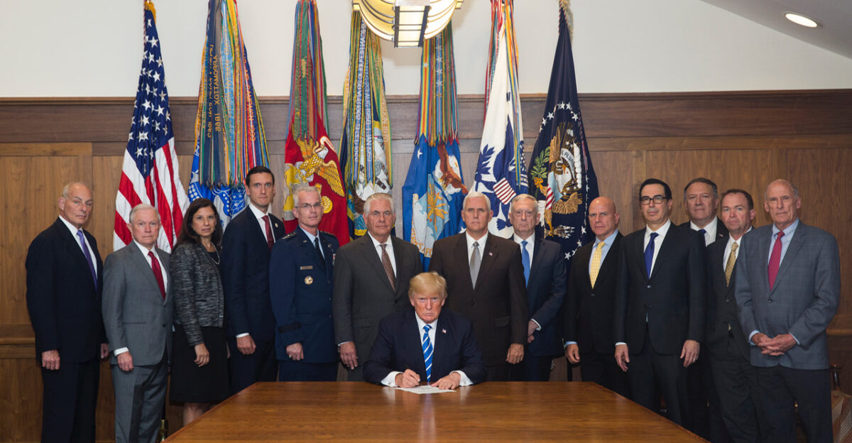President Donald J Trump poses with Vice President Mike Pence Cabinet members and Senior White House Advisors Friday Aug 18 2017 in Laurel Lodge at Camp David near Thurmont MD as he signed the Global War on Terrorism War Memorial Act Official White House Photo by Joyce N Boghosian