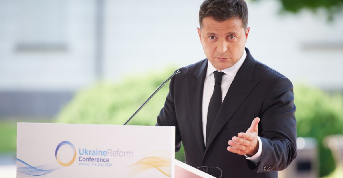 President of Ukraine Volodymyr Zelenskyy speaks at the fourth Ukraine Reform Conference in Vilnius, Lithuania, 6 July 2021