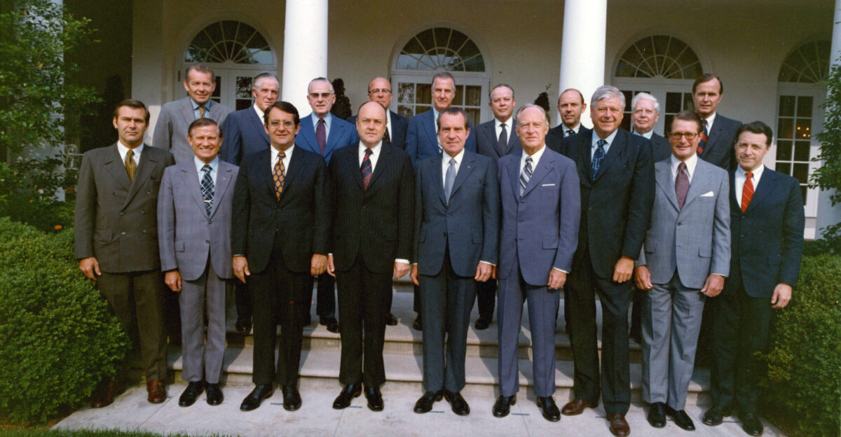 President Richard Nixon and Cabinet Members Donald Rumsfeld John A Volpe Peter Peterson Melvin Laird William Rogers Rogers Morton Elliott Richardson Caspar Weinberger Robert Finch George Romney Earl Butz George Shultz Spiro Agnew Richard Kleindienst James Hodgson David Kennedy and George H W Bush