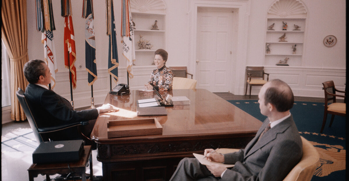 President Richard Nixon and U S Ambassador to Ghana Shirley Temple Black and Major General Brent Scowcroft Assistant to the President for National Security Affairs 2 28 1974