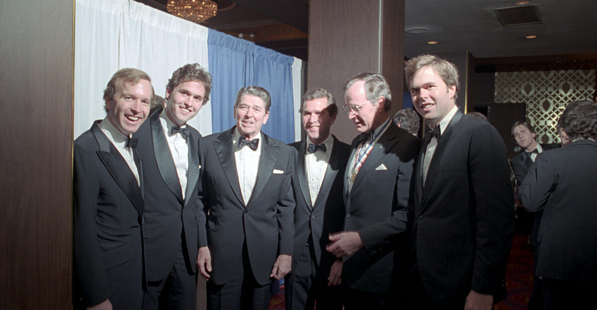 President Ronald Reagan with George Bush George W Bush Jeb Bush Neil Bush Marvin Bush Attending The Alfalfa Club Dinner at The Capital Hilton Hotel 1 28 1984