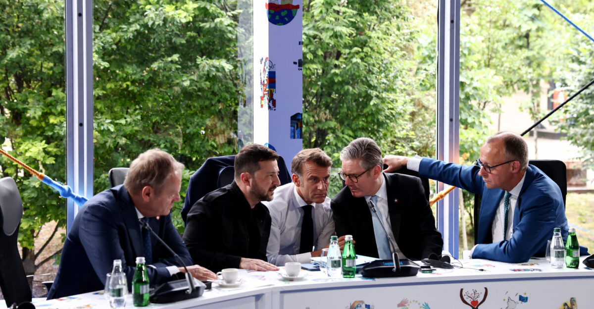 05 2025 Tirana Albania Prime Minister Keir Starmer Emmanuel Macron President of France Volodymyr Zelenskyy President of Ukraine Donald Tusk Prime Minister of Poland and Friedrich Merz Chancellor of Germany speak on the phone with President of the United States Donald Trump during the European Political Community summit Picture by Simon Dawson No 10 Downing Street