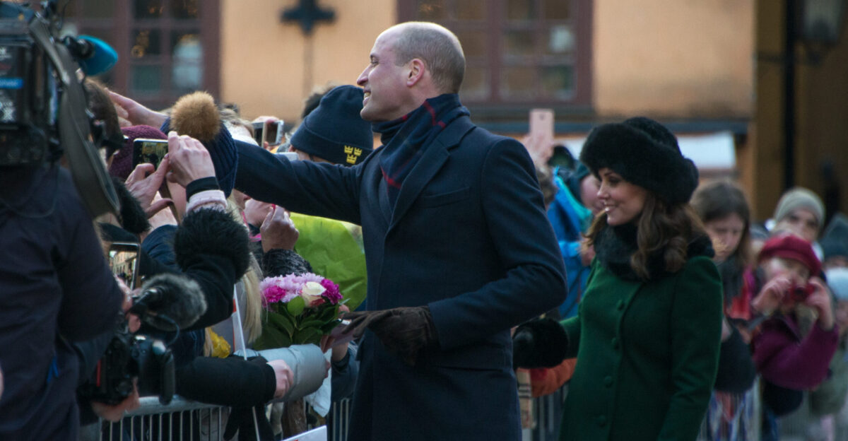 Prince William Duke of Cambridge and Catherine Duchess of Cambridge on official visit to Stockholm in Sweden in January 2018 On a walk in the Old Town of Stockholm together with Crown Princess Victoria and Prince Daniel they meet swedes and tourists