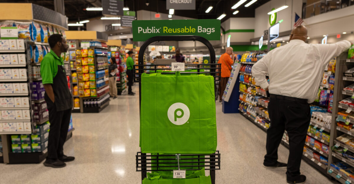 Publix-branded reusable bags are displayed at a Publix store in Orlando Florida