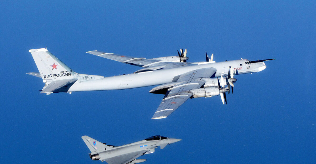 A Russian Bear aircraft is escorted by a Royal Air Force RAF quick reaction alert QRA Typhoon FGR4 during an intercept in September 2014 Royal Air Force aircraft at RAF Lossiemouth launched the quick reaction alert QRA for the first time since the Moray base took on the role of defending the UK s Northern airspace Typhoon jets were scrambled to identify aircraft in international airspace The aircraft identified as Russian military Bears did not enter UK airspace Organisation Royal Air Force RAF Object name LOS-OFFICIAL-20140916-003 Category MOD Supplemental categories Equipment Aircraft Foreign Aircraft Offensive Typhoon Keywords RAF Royal Air Force QRA quick reaction alert intercept Bear FGR4 Lossiemouth equipment aircraft jet fighter defensive Typhoon Russian Russia Country UK