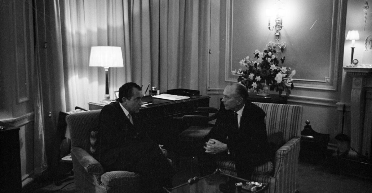 WHPO-0376-09-14 President Nixon meeting informally with Liberal Party leader Jeremy Thorpe 2 25 1969 London England Claridge s Hotel