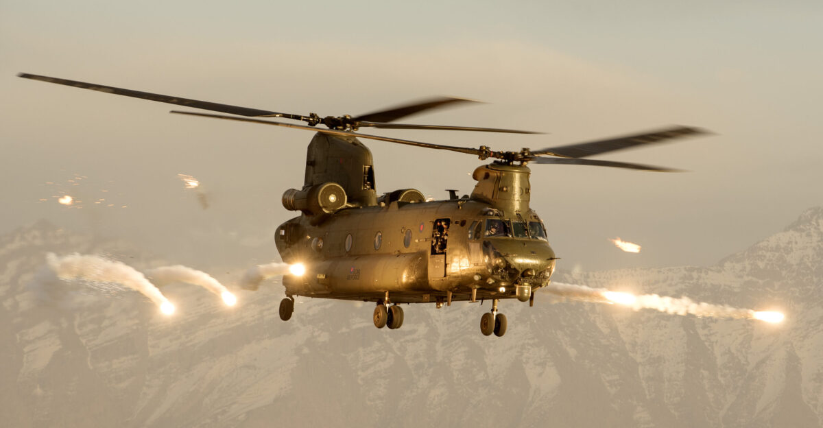 A Royal Air Force RAF Chinook helicopter firing flares over Afghanistan After thirteen years supporting operations in Afghanistan all Royal Air Force Chinooks have left Afghanistan and returned to the United Kingdom Since the end of combat operations in Afghanistan in October 2014 three RAF Chinooks were retained in the country to assist British troops in non-combat roles but in March 2015 they went home Synonymous with operations in Afghanistan over the last thirteen years the Chinook Force flew over 41 000 hours extracted 13 000 casualties and its crews have been awarded numerous gallantry awards including twenty-three distinguished flying crosses DFC for bravery in the air Organisation Royal Air Force RAF Object name AUAB 25032015 037 042 Category MOD Supplemental categories Equipment Aircraft Helicopters Chinook Support Operations Theatres Afghanistan Keywords Royal Air Force RAF equipment aircraft transport helicopter Chinook operation Op campaign Herrick Afghanistan Helmand flares Country Afghanistan