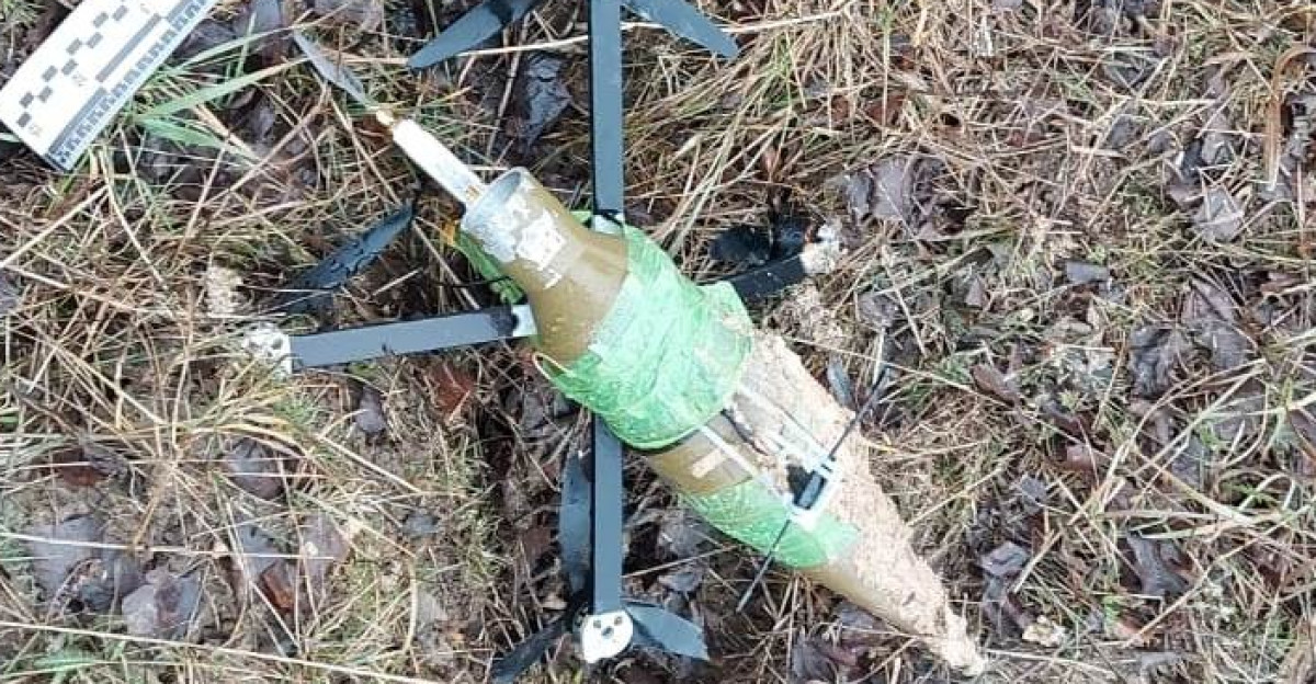 One of the drones with explosives sent by Russian troops to Nikopol district of Dnipropetrovsk region of Ukraine A shot from PG-7 anti-tank grenade launcher is attached On February 11 2024 Ukrainian police explosives experts neutralized 4 such drones