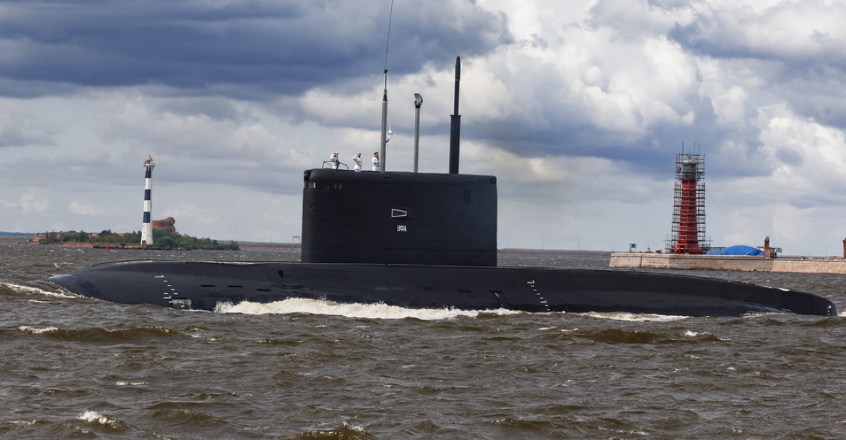 Russian Navy Submarine Ufa during the Russian Navy Day parade in 2023