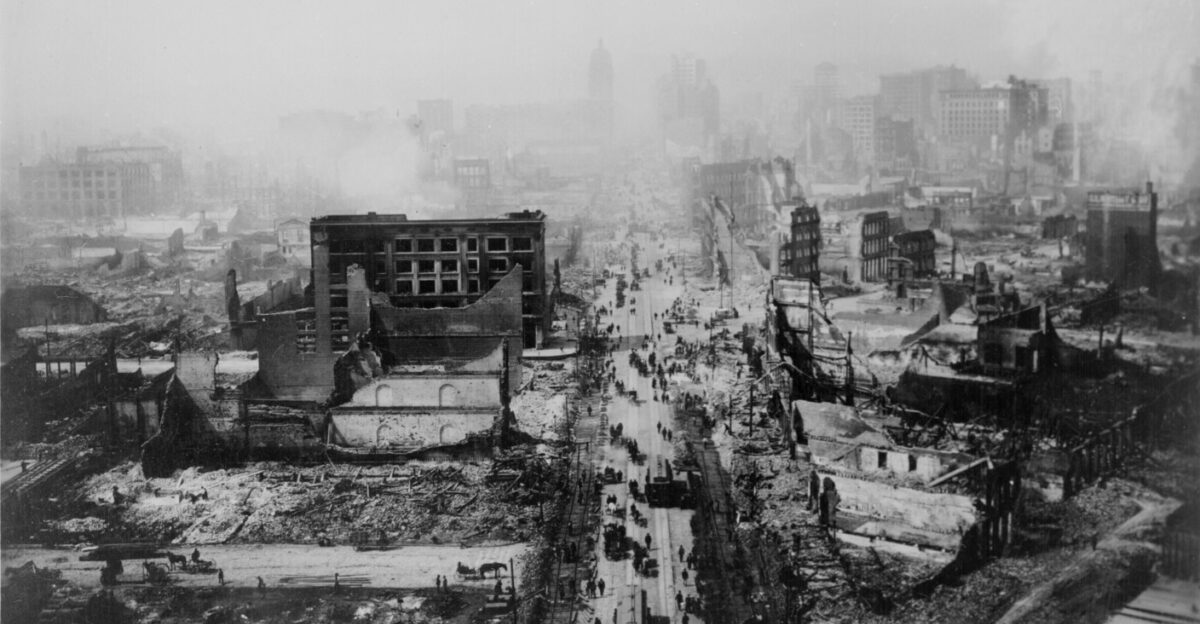 San Francisco California United States Smoldering after the 1906 earthquake called the Friscoquake Taken from the tower of the Union Ferry Building Market Street between Sacramento and Third Streets ARC Identifier 531006