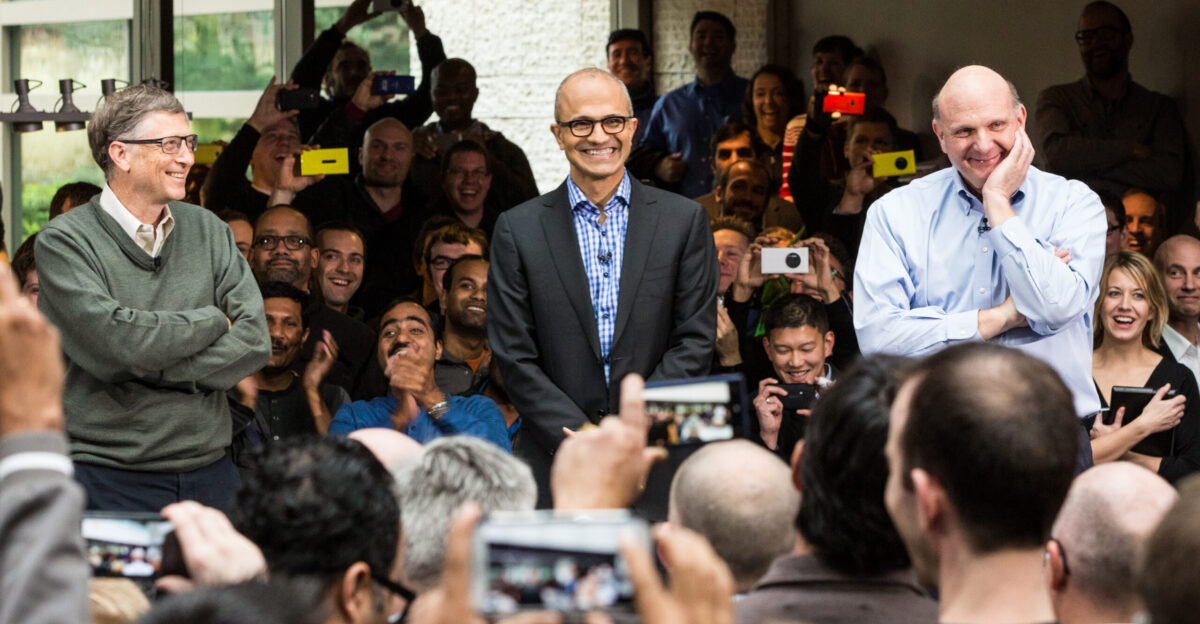 Microsoft CEOs Current and former L-R Bill Gates Satya Nadella Steve Ballmer photographed on Nadella s first day as CEO