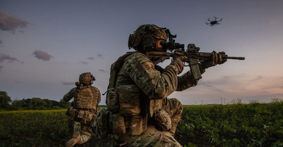 SBU "Alpha" operators with drone using M4 rifle.