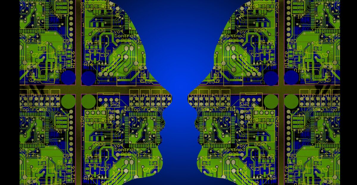 Lateral view of the human face filled with artificial intelligence tools