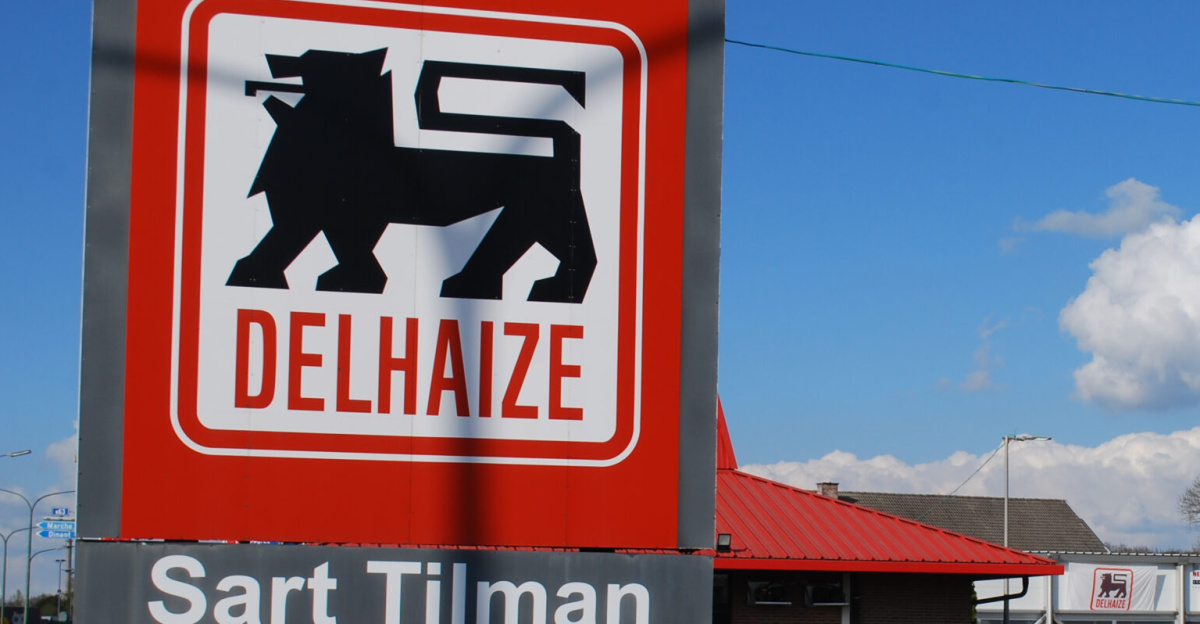 Vue des travaux de construction d'un supermarché "Delhaize" dans la zone commerciale de Boncelles (commune de Seraing) ; le bâtiment de l'ancien "Delhaize" a été démoli en 2016.