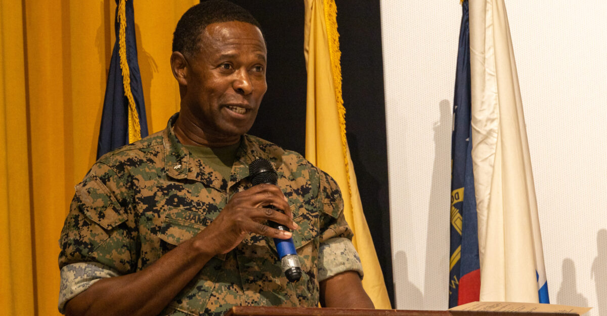 U S Marine Corps Lt Col Calischaran James the commanding officer of Marine Aviation Logistics Squadron MALS 36 Marine Aircraft Group 36 1st Marine Aircraft Wing gives a speech during a relief ceremony on Marine Corps Air Station Futenma Okinawa Japan July 18 2025 Sgt Maj James Meak relinquished his post as the MALS-36 sergeant major represented by the passing of the noncommissioned officer s sword U S Marine Corps photo by Sgt Gabriel Antwiler