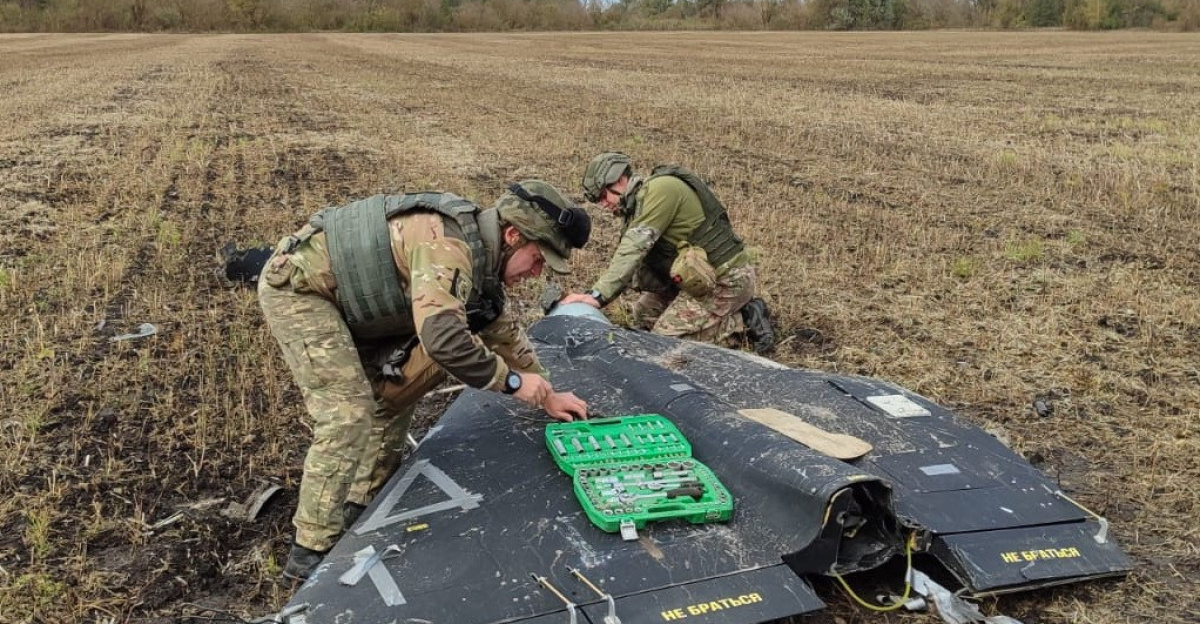 Russian drone "Geran-2" ("Shahed-136"), downed in Sumy region of Ukraine. Explosive experts remove the warhead for disposal. 17 October 2024.