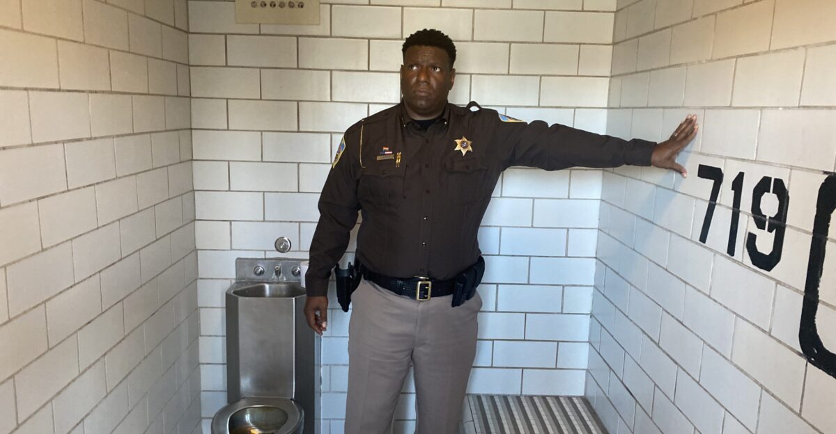 Dane County Sheriff Kalvin Barrett inside a solitary confinement cell in the Dane County Jail Please credit Nate Wegehaupt WORT News