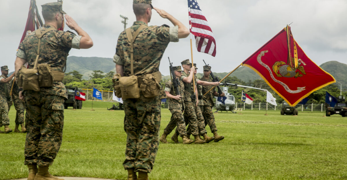 U S Marine Corps Col Tye R Wallace and Col Romin Dasmalchi salute during the 31st Marine Expeditionary Unit change of command ceremony on Camp Hansen Okinawa Japan May 20 2016 Wallace received command of the 31st MEU from Col Romin Dasmalchi The 31st MEU is the only continuously forward-deployed MEU and is the Marine Corps force in readiness in the Asia-Pacific region U S Marine Corp photo by Lance Cpl Jorge A Rosales Released Unit 31st Marine Expeditionary Unit
