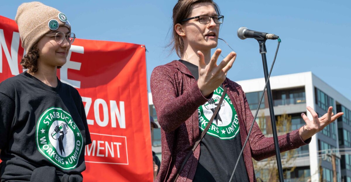 Starbucks workers rally and march Efforts to unionize support a workers union April 23 2022 Seattle Washington USA Photograph by Elliot Stoller