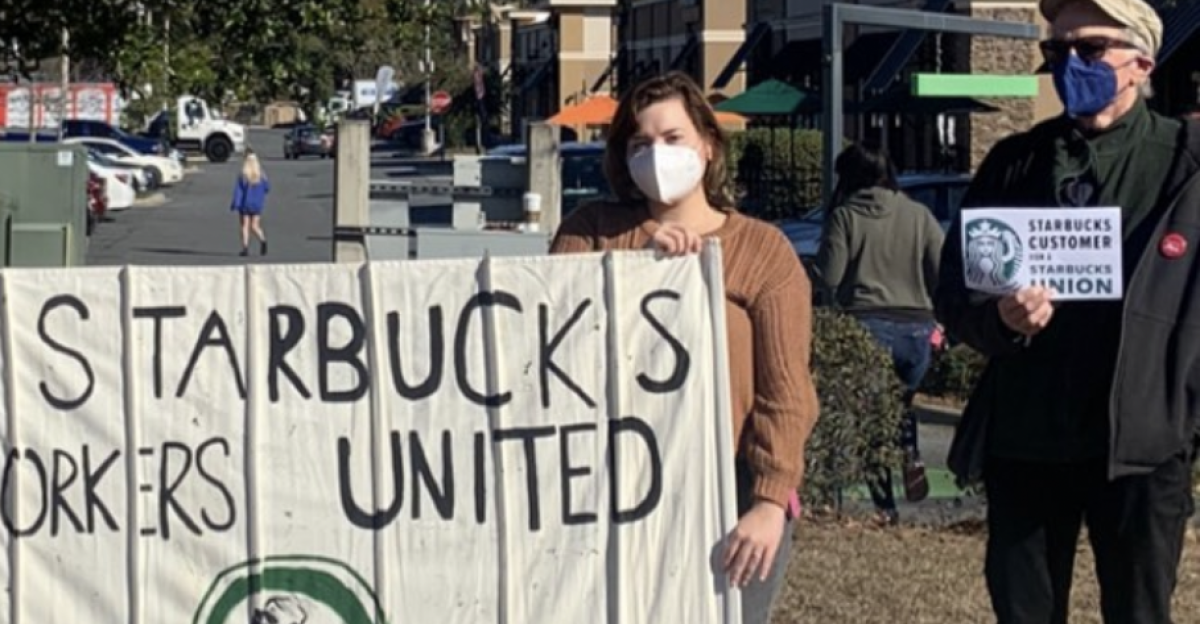 Starbucks employees protesting outside the Magnolia Dr location in Tallahassee FL