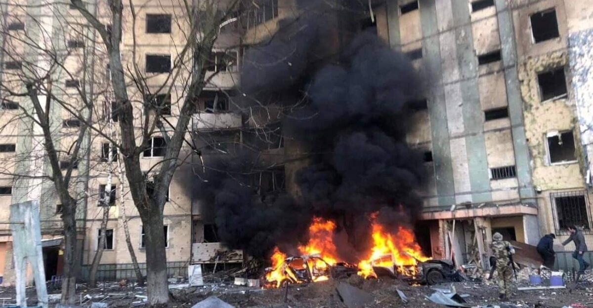 storey apartment building in Kyiv Sviatoshynskyi District damaged by fragments of a missile on 20 March 2022 during Russian invasion of Ukraine Two automobiles burned down fire began also on the 4th floor 5 people were affected 2 of which were hospitalized source