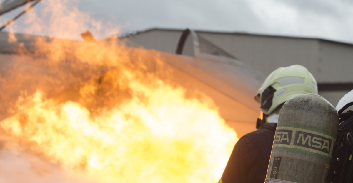 NATO firefighters extinguish flames on a F-15 Mobile Aircraft Fire Trainer during the NATO Firefighter Fundamentals Course at Ramstein Air Base, Germany, March 11, 2020. The F-15 MAFT asset has been in production since 2018. Firefighters from Bulgaria, Latvia, Lithuania and the Czech Republic came to Ramstein to receive certification on extracting pilots and extinguishing aircraft fires. (U.S. Air Force photo by Airman 1st Class Taylor D. Slater)