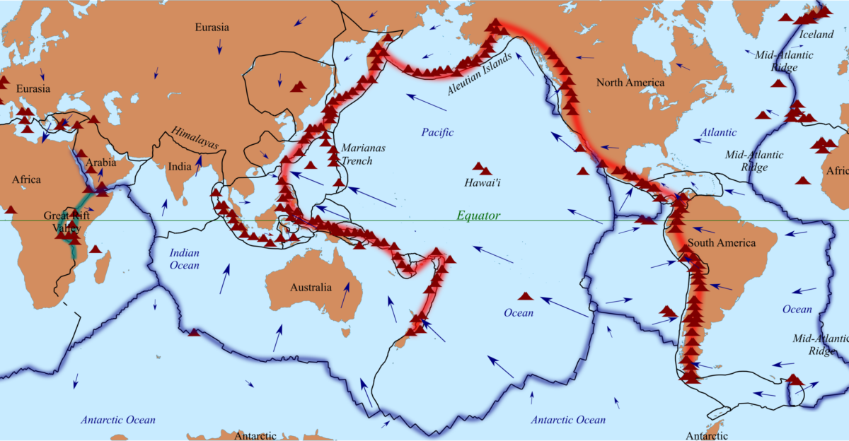 The locations and motions of tectonic plates as well as the Ring of Fire and volcanoes