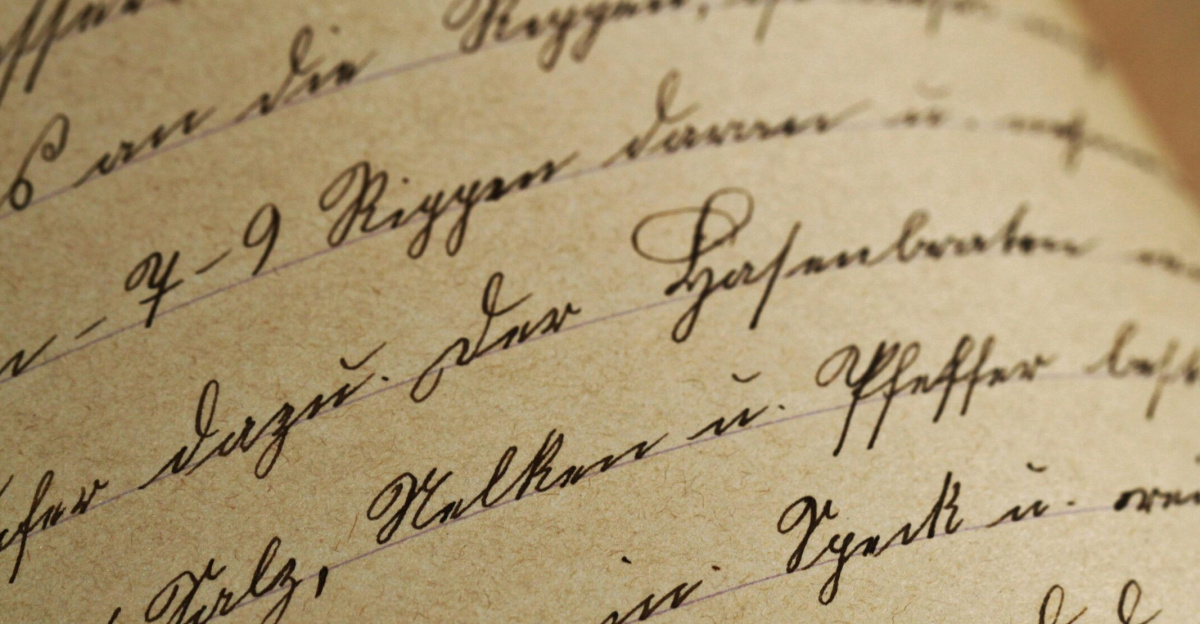 Close-up of vintage handwriting on antique aged paper with sepia tones.