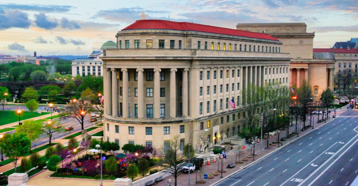 The Apex Building headquarters of the Federal Trade Commission on Constitution Avenue and 7th Streets in Washington D C The building was designed by Edward H Bennett under the purview of Secretary of the Treasury Andrew W Mellon and was completed in 1938 at a cost of 125 million