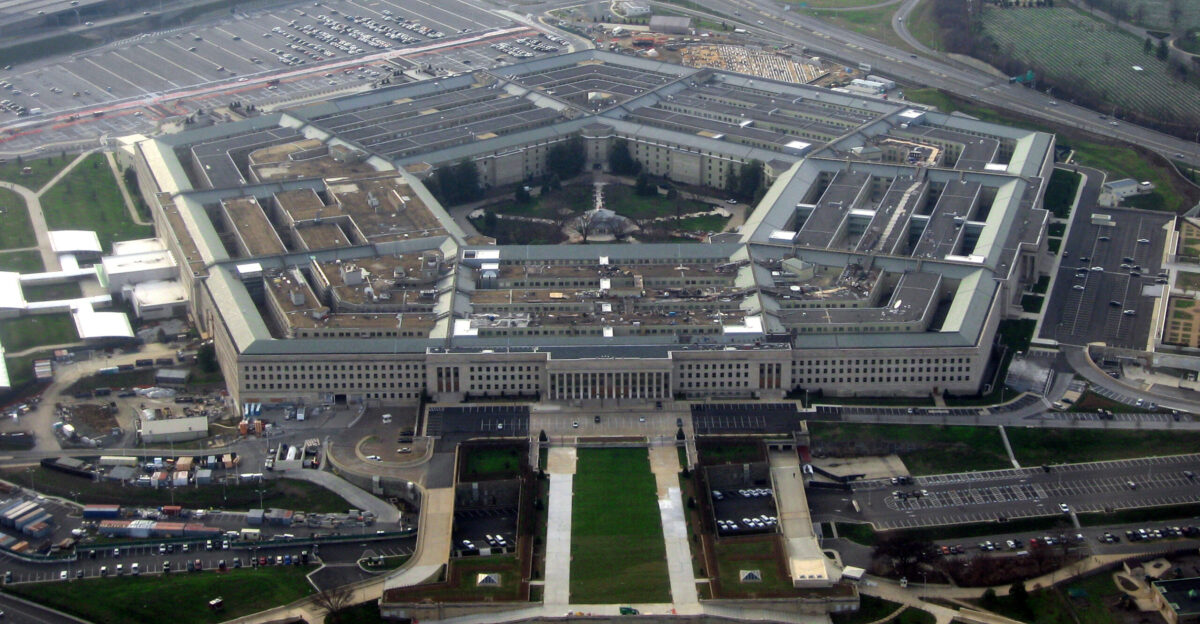 The Pentagon headquarters of the United States Department of War taken from an airplane in January 2008