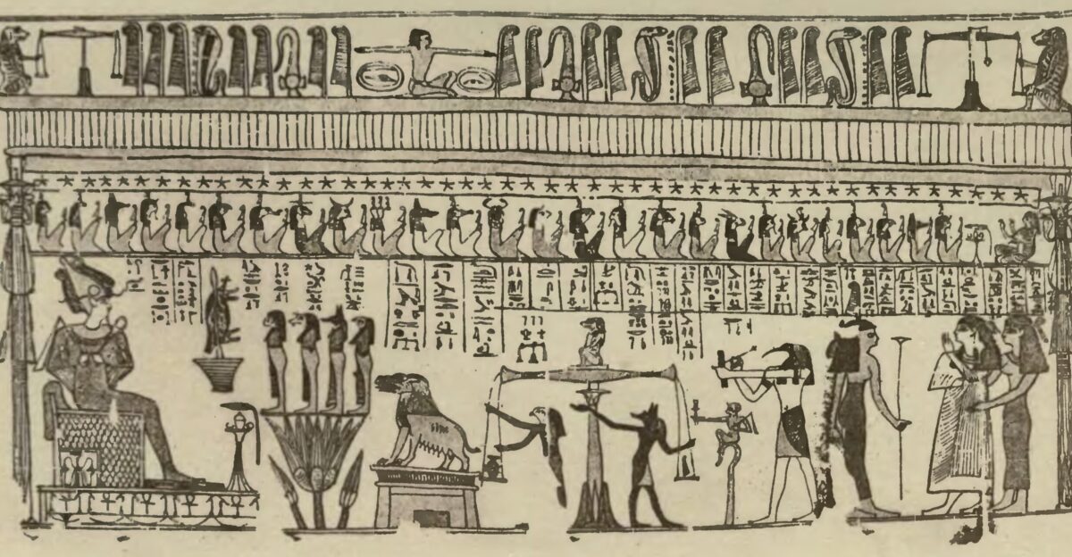 A page from the Book of the Dead Showing the judgment of the dead by Osiris