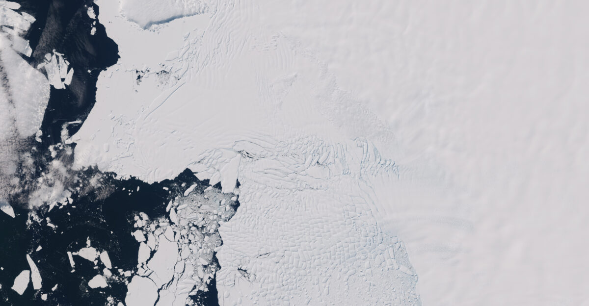 Thwaites Glacier Ice Tongue in West Antarctica captured by the Copernicus Sentinel-2 mission on 11 September 2019 Thwaites is a particularly important part of the Antarctic Ice Sheet because it holds enough ice to raise global sea levels by around 60 cm and is considered by many to be at risk of rapid retreat threatening coastal communities around the world