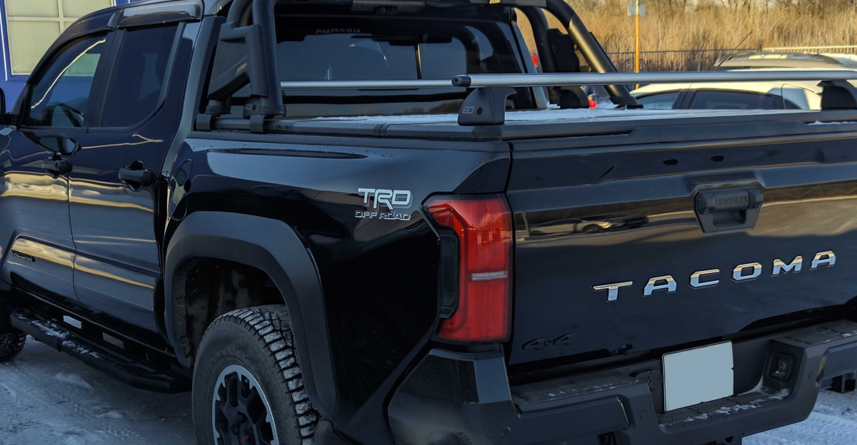 Rear view of a black Toyota Tacoma TRD Off Road