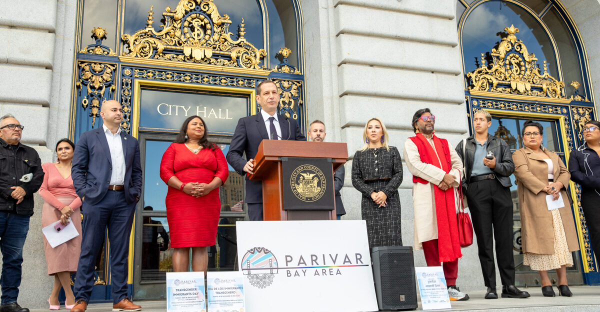 Mayor Daniel Lurie speaks on the steps of San Francisco City Hall on Transgender Immigrants Day