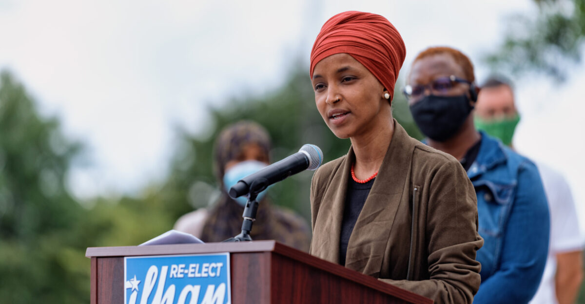 Rep Ilhan Omar speaks at a press conference outside the Minnesota DFL Party s St Paul Minn headquarters on August 5 2020 in the final days before the primary election in Minnesota s 5th Congressional District