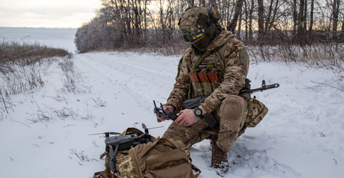 Ukrainian Border Guard servicemen with DJI Mavic drones