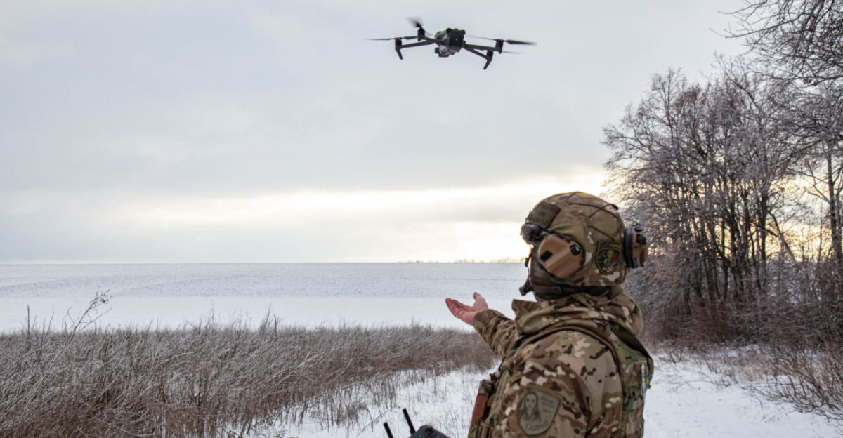 Ukrainian Border Guard servicemen with DJI Mavic drones