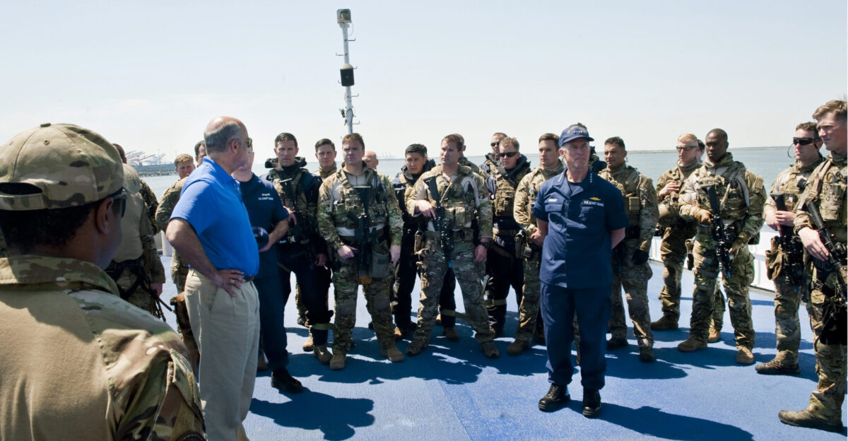 CHESAPEAKE Va - Secretary of Homeland Security Jeh Johnson and Adm Paul Zukunft Commandant of the U S Coast Guard met with members of the Coast Guard s Maritime Security Response Team and observed their operations in Chesapeake Virginia May 4 2015 The MSRT appropriately called a ready assault force conducts maritime threat response unilaterally or as part of an interagency adaptive force package The teams are capable of interdicting boarding and verifying threats and when required engaging in offensive operations against a hostile threat Official DHS photo by Barry Bahler