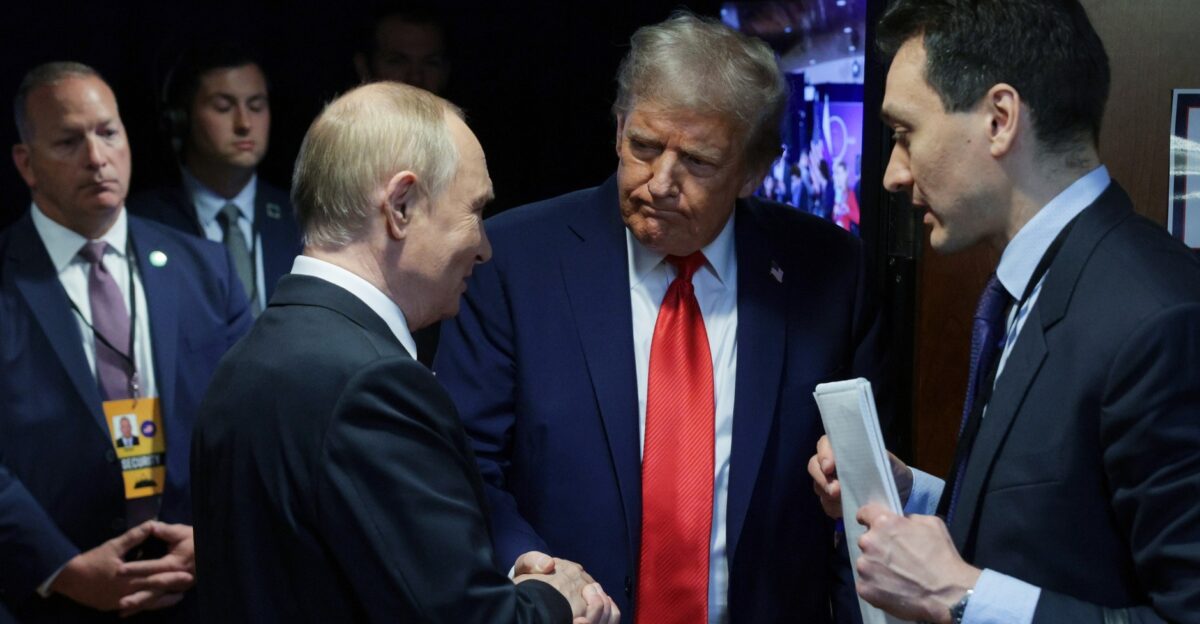 Donald Trump and Vladimir Putin after a joint news conference during the 2025 Russia-United States Summit in Anchorage Alaska